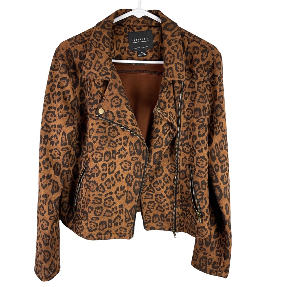 Sanctuary Animal Print Moto Jacket Asymmetrical Zip Brown Faux Suede Sz M